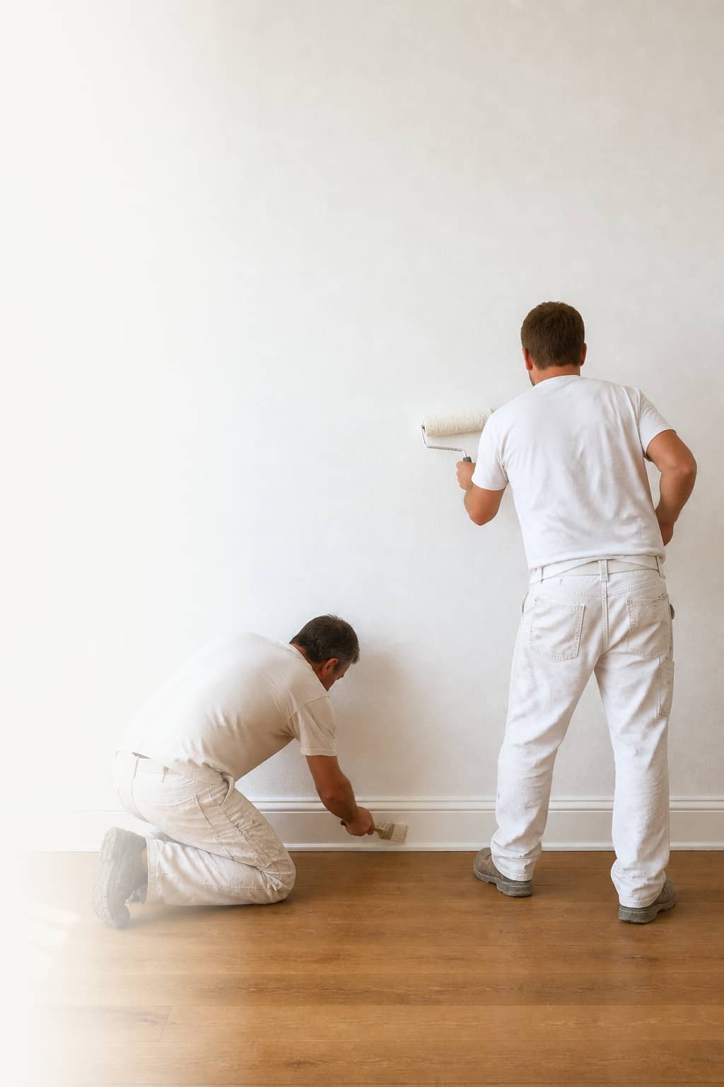 Painting team carefully coating a warm white interior wall