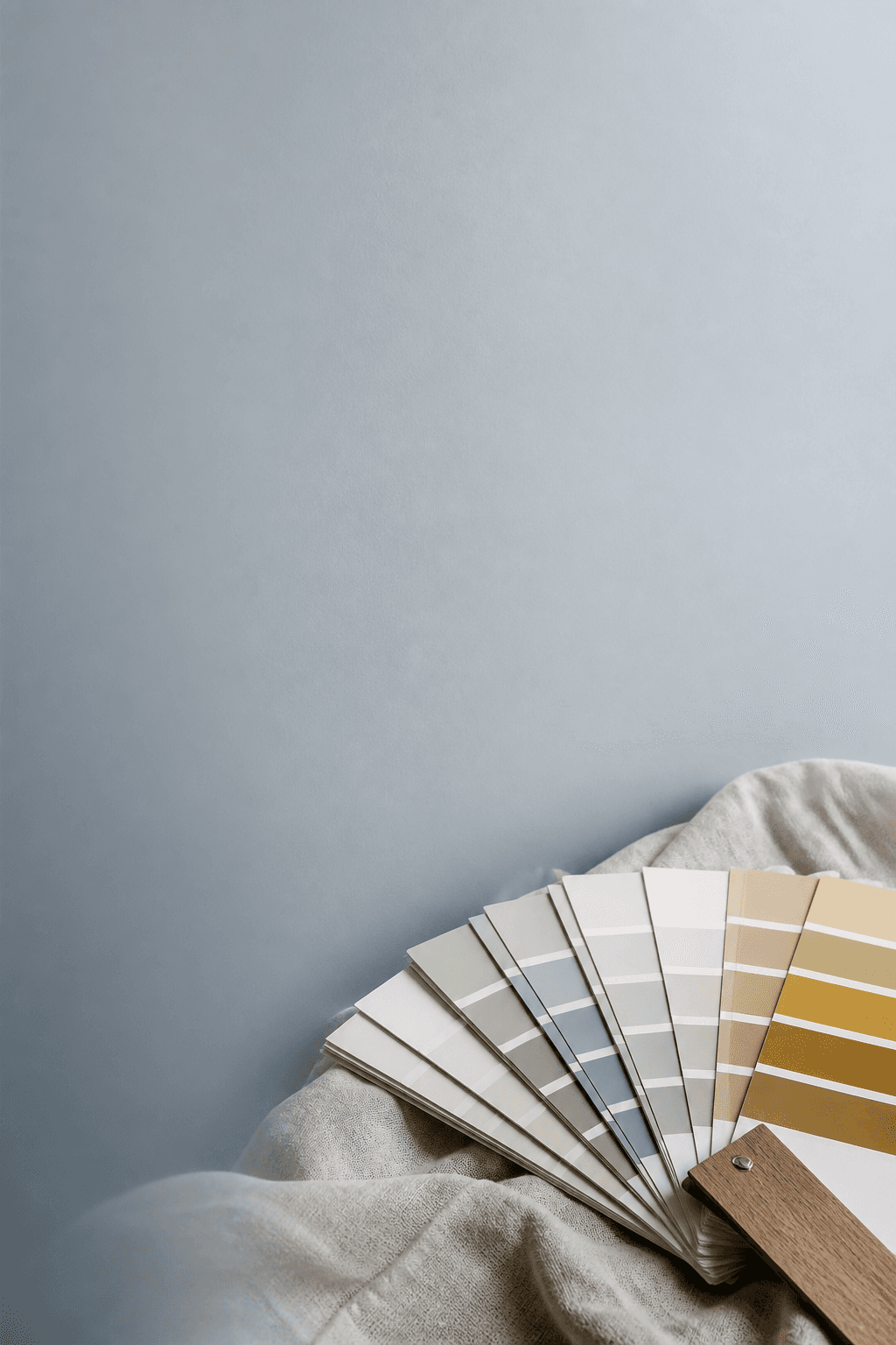 Paint color chips fanned on a slate painted wall