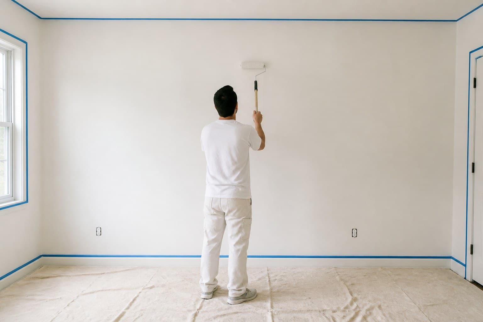 Painter preparing and coating an interior wall